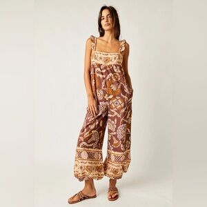 NEW! Free People Bali Albright Boho Floral Jumpsuit Coffee Combo Brown Size L